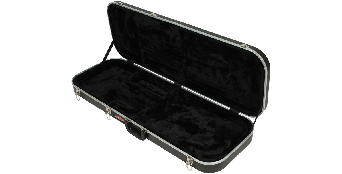 Empty rectangular electric guitar case with soft black plush lining. Designed for Stratocaster and Telecaster models, offering durable and budget-friendly storage.