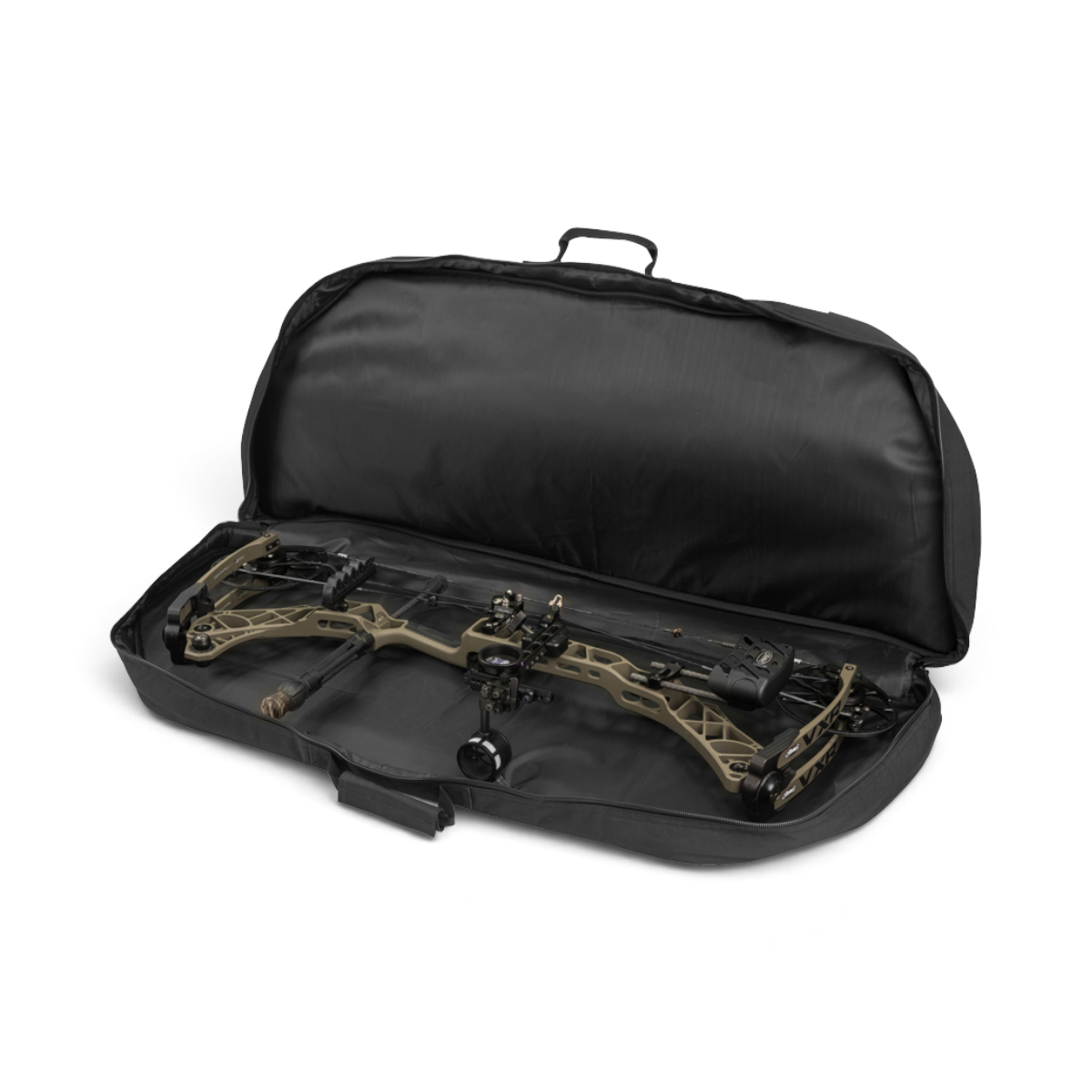SKB Cases black archery bow bag open with a compound bow stored inside, featuring accessory storage compartments.
