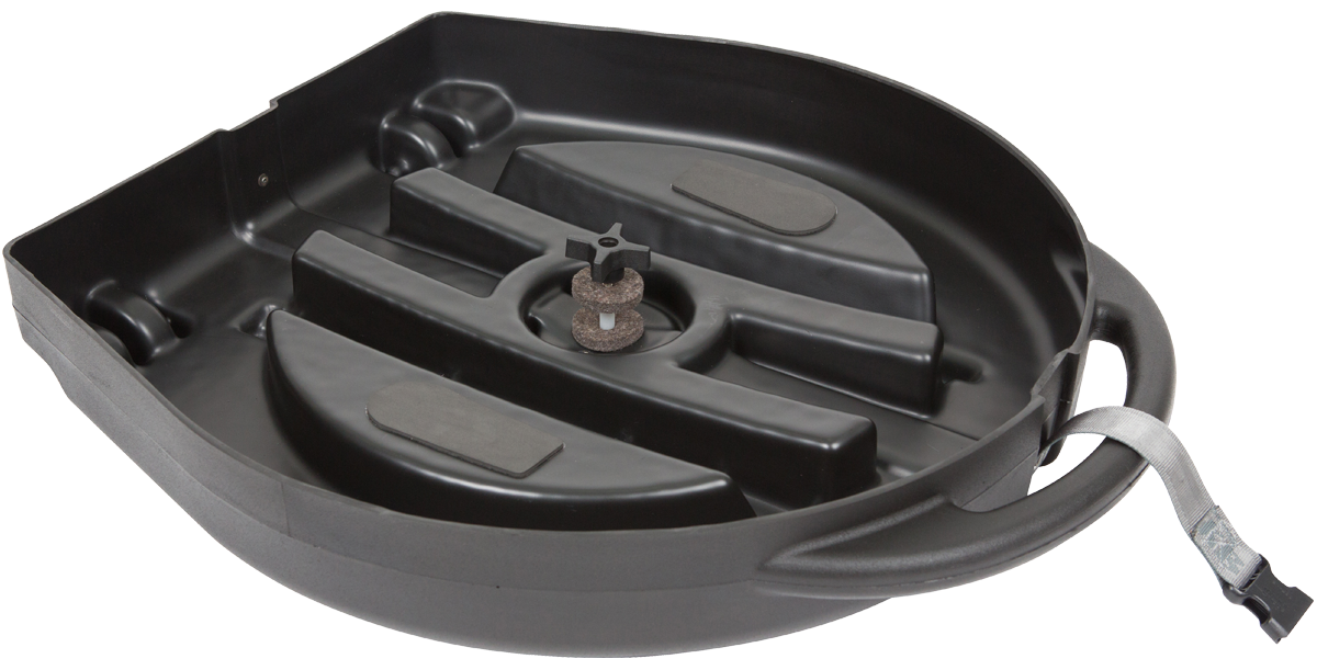Rolling Cymbal Vault interior with central post and foam washer, designed to hold and protect cymbals during transit.