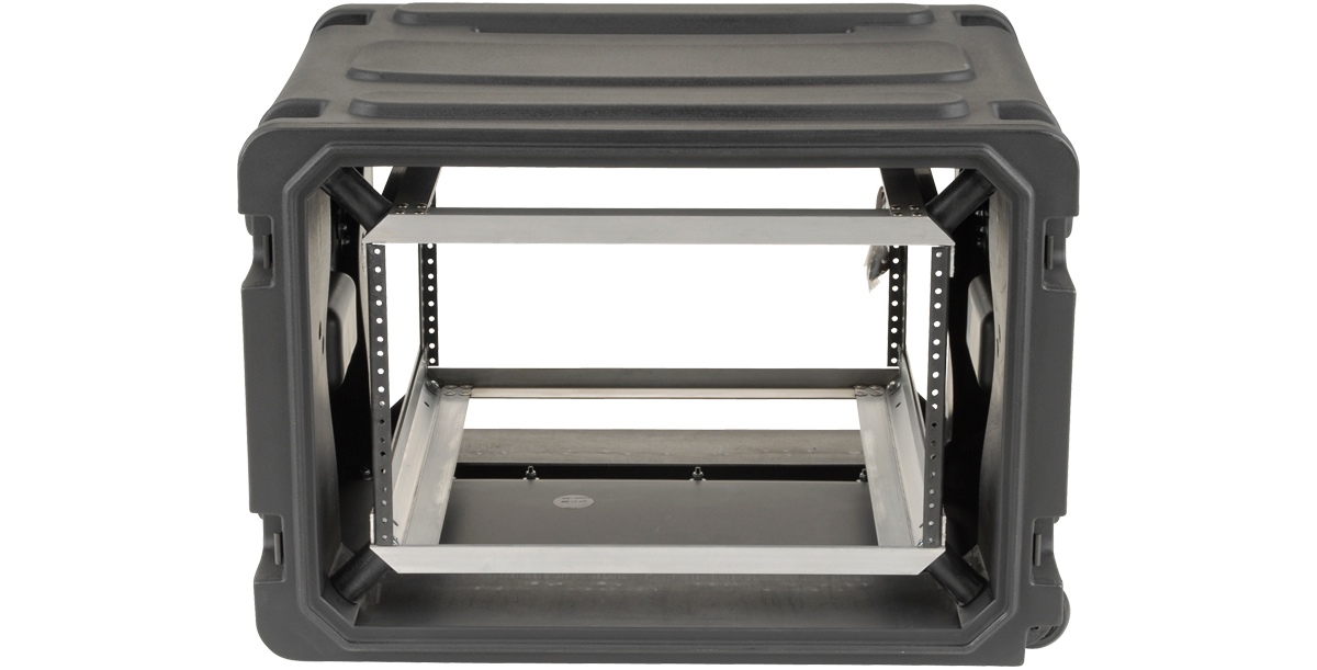 20 Inch Deep Rolling Shock Rack with reinforced frame and shock-absorbing mounts for secure, stackable storage of sensitive equipment.