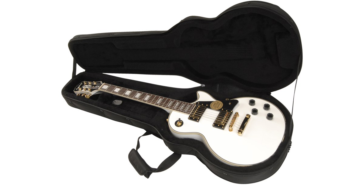 Les Paul Guitar Soft Case open with white electric guitar inside, demonstrating secure fit and plush interior for premium protection.