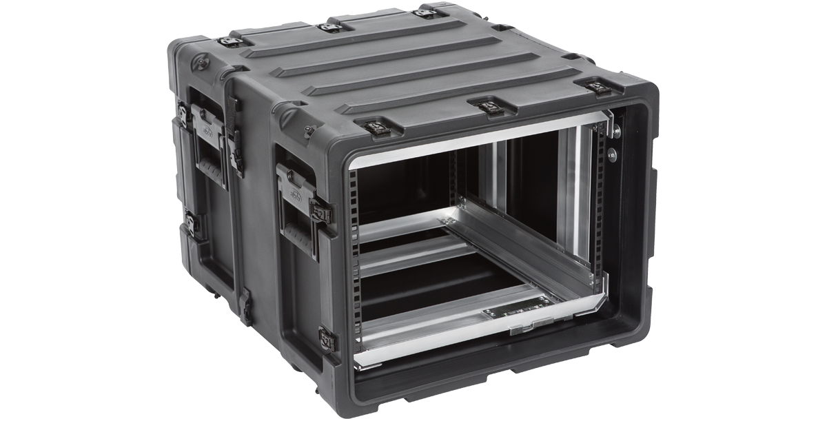 Side-angled view of 20-inch Shock Rack Case with rugged exterior and internal mounting system for electronics protection.