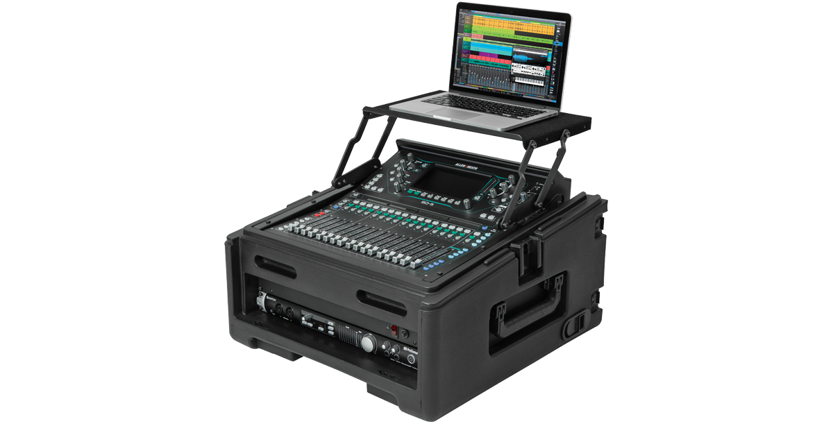 Compact Rig Case - Rolling with 10U top and 2U rails, shown in use with laptop and digital mixer for live sound.