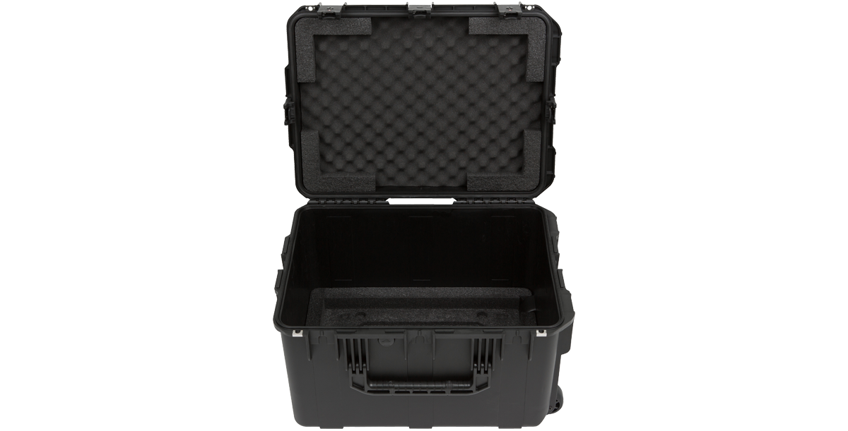 Open iSeries Fly Rack case without rack frame, showing spacious foam-lined interior for customizable equipment storage and protection.