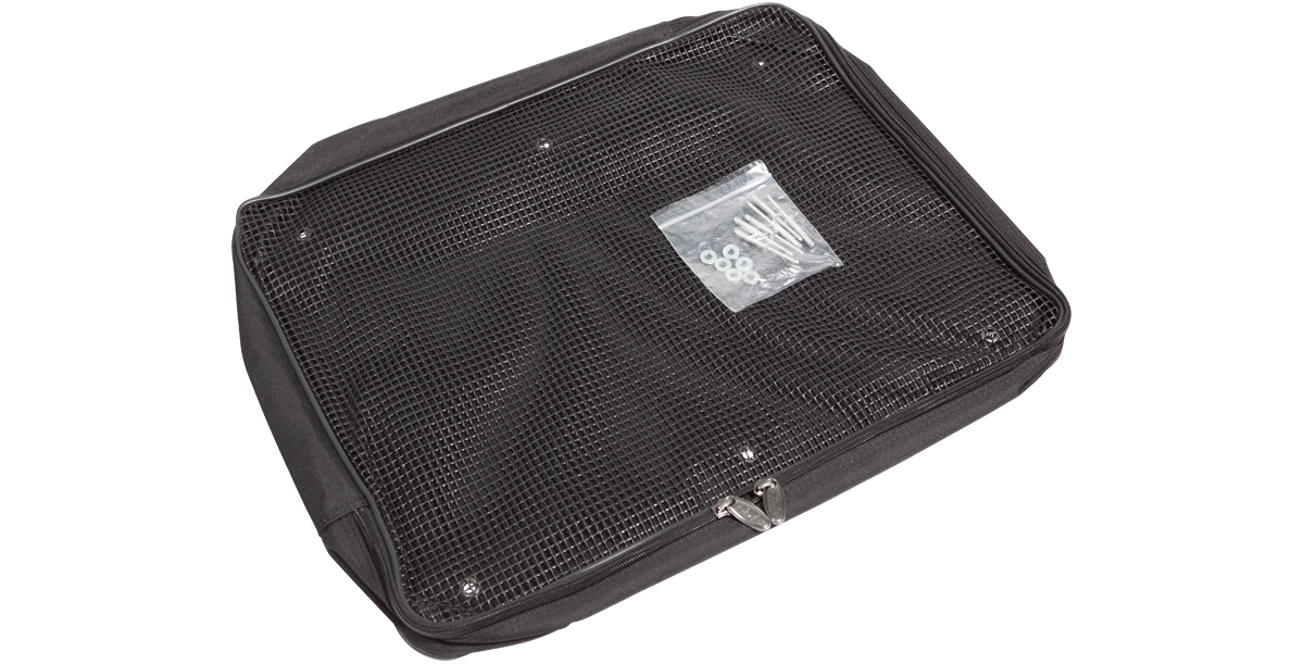 SKB lid accessory pocket with included mounting hardware visible through mesh, ideal for rack case organization and transport.