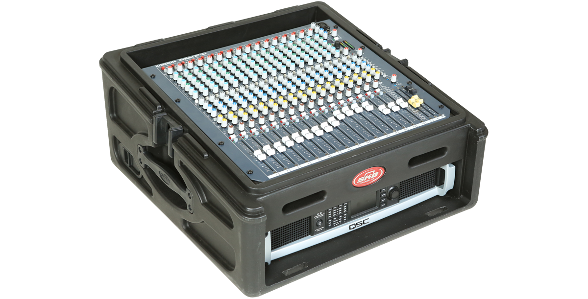 Angled view of 10 x 2 compact rack case with audio mixer and amplifier, showcasing steel rails and protective hard shell for AV gear.