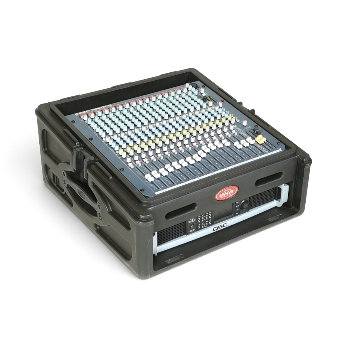 Angled view of 10 x 2 compact rack case with audio mixer and amplifier, showcasing steel rails and protective hard shell for AV gear.