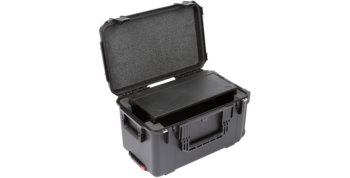 Side view of Injection Molded Shallow Rack - 4U iSeries Fly Rack with rack unit inside, offering secure and waterproof storage.