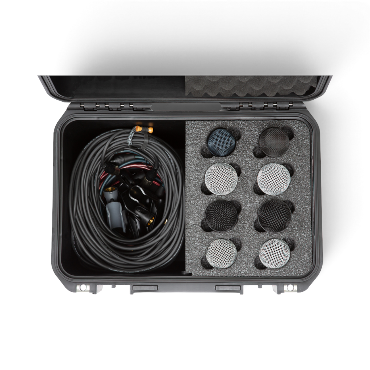 SKB Cases iSeries 8-Mic Case with foam interior holding eight microphones and a large accessory storage compartment.