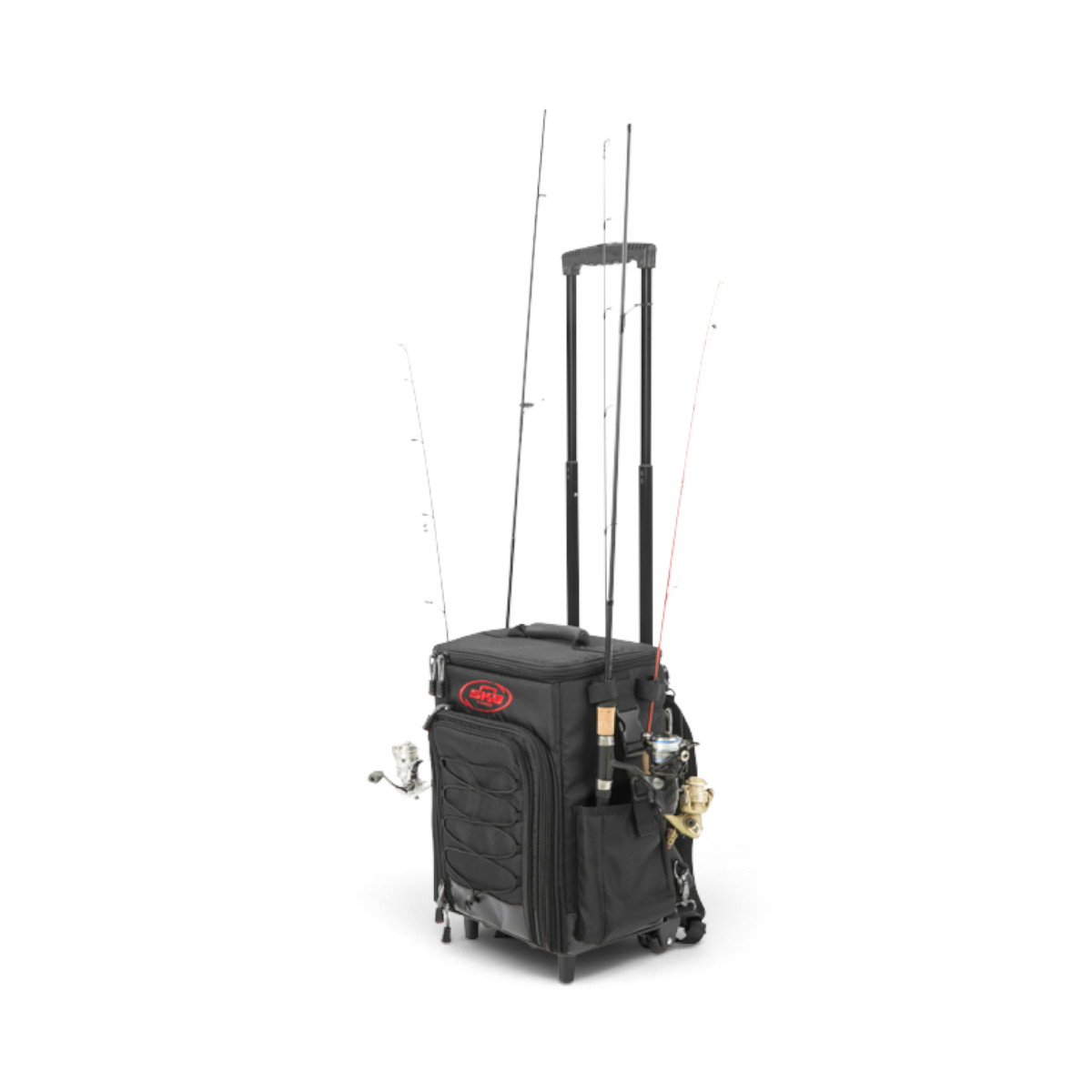 SKB Cases Tak-Pak black fishing tackle backpack with wheels, retractable handle, and multiple rod storage slots.