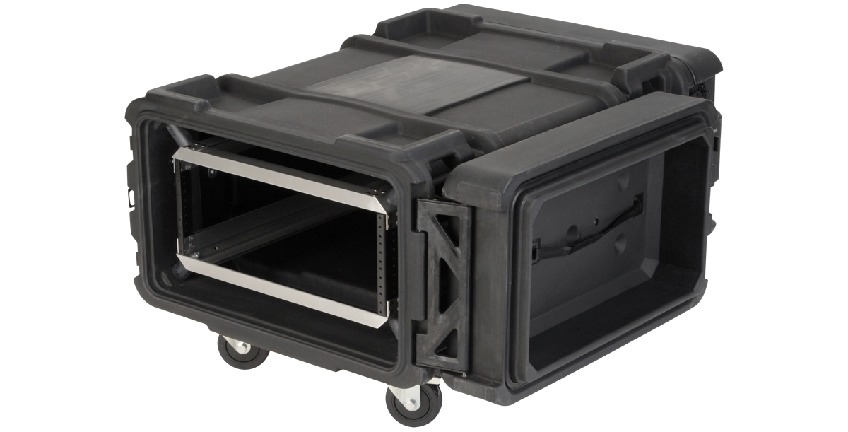 Angled side view of 4U 30-inch Shock Rack showing lightweight aluminum frame and rugged black exterior with rolling wheels.
