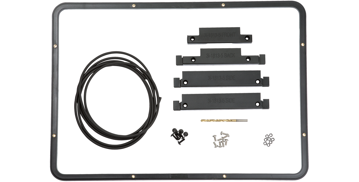 iSeries 1813 Panel Mounting Kit with gasket, drill jigs, and hardware for secure flush panel installation in 3i-1813 cases.