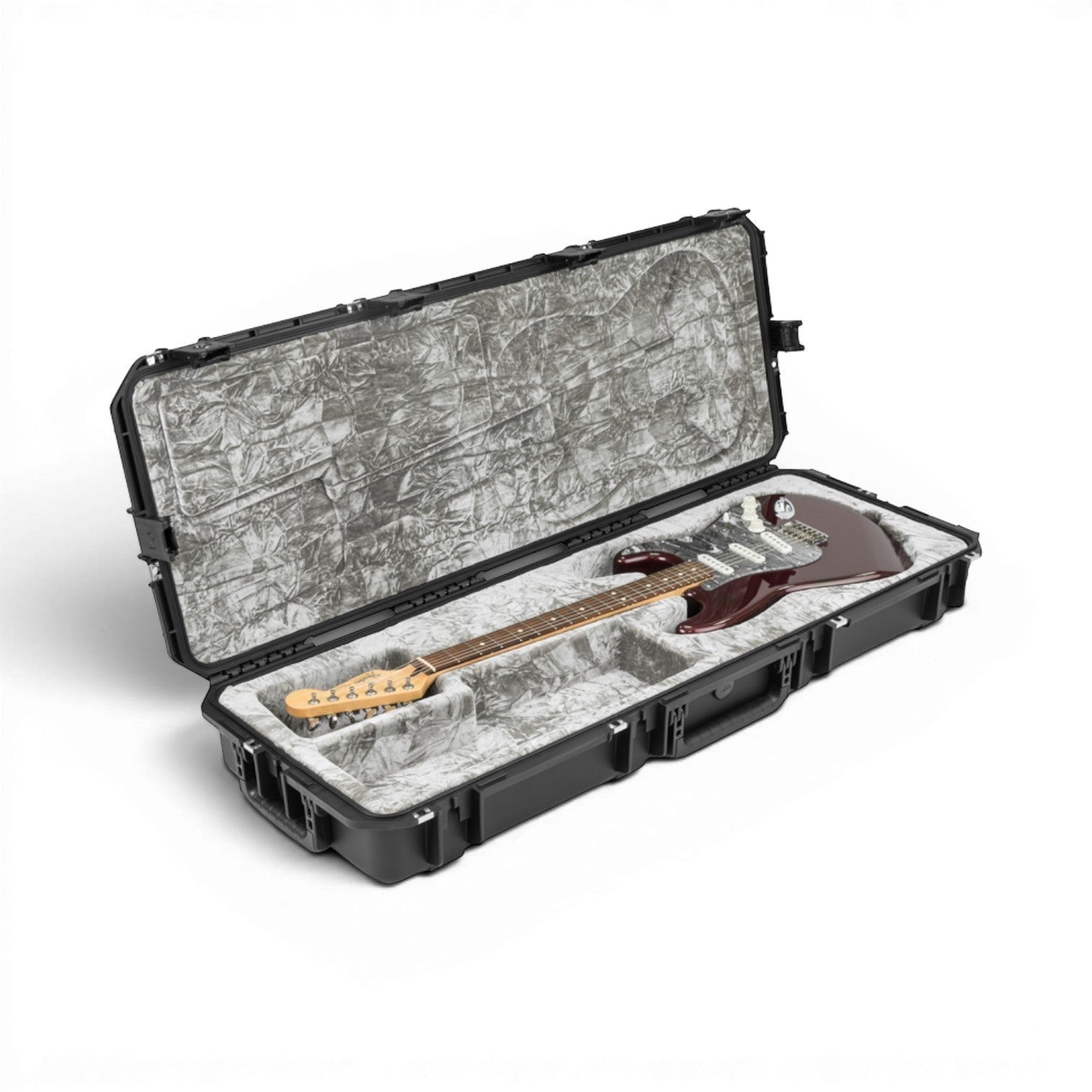 Stratocaster guitar inside waterproof iSeries case with plush grey interior, designed for maximum protection and fit.