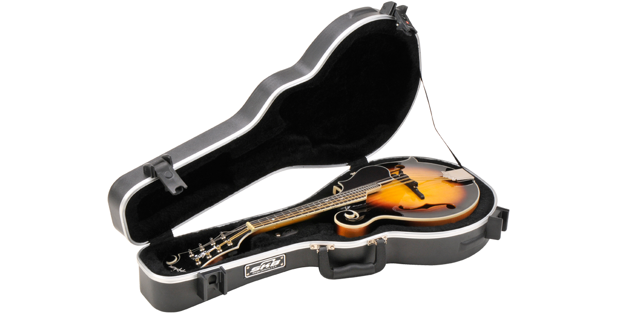 Open F Style Mandolin Case with plush interior and Florentine mandolin, TSA locks and ABS shell ensure premium protection.