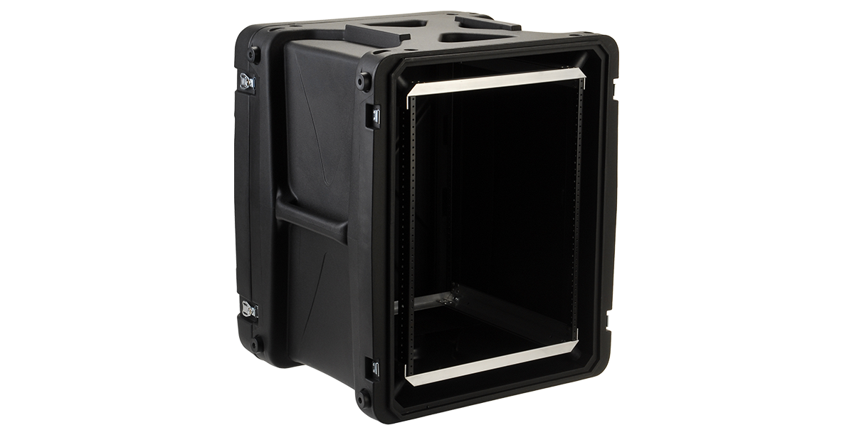 20-Inch Deep Shock Rack Case with open front view showing internal rackmount rails and shock-absorbing frame for sensitive IT or audio gear.
