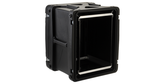 20-Inch Deep Shock Rack Case with open front view showing internal rackmount rails and shock-absorbing frame for sensitive IT or audio gear.