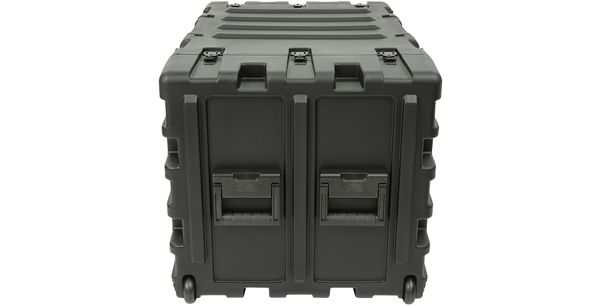 Rear view of SKB 9U Deep Shock Rack Case with dual-panel doors, designed for watertight and heat-resistant protection.
