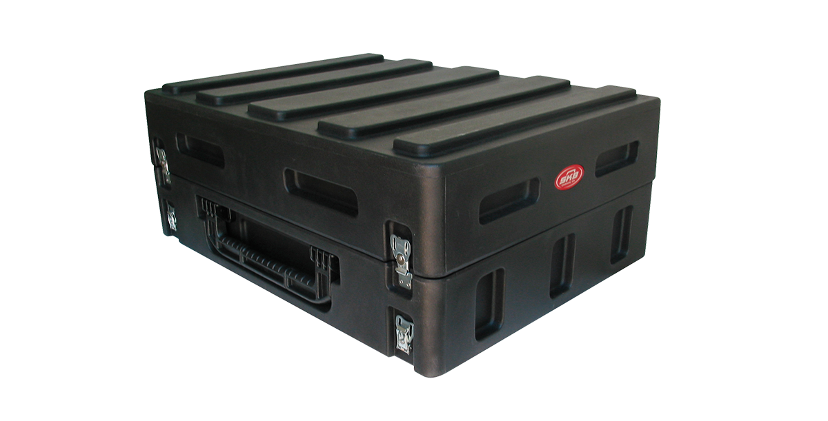 Closed Roto-Molded Gig Safe 14U Rack Case with reinforced latches and molded grooves for stacking and secure transport of audio gear.