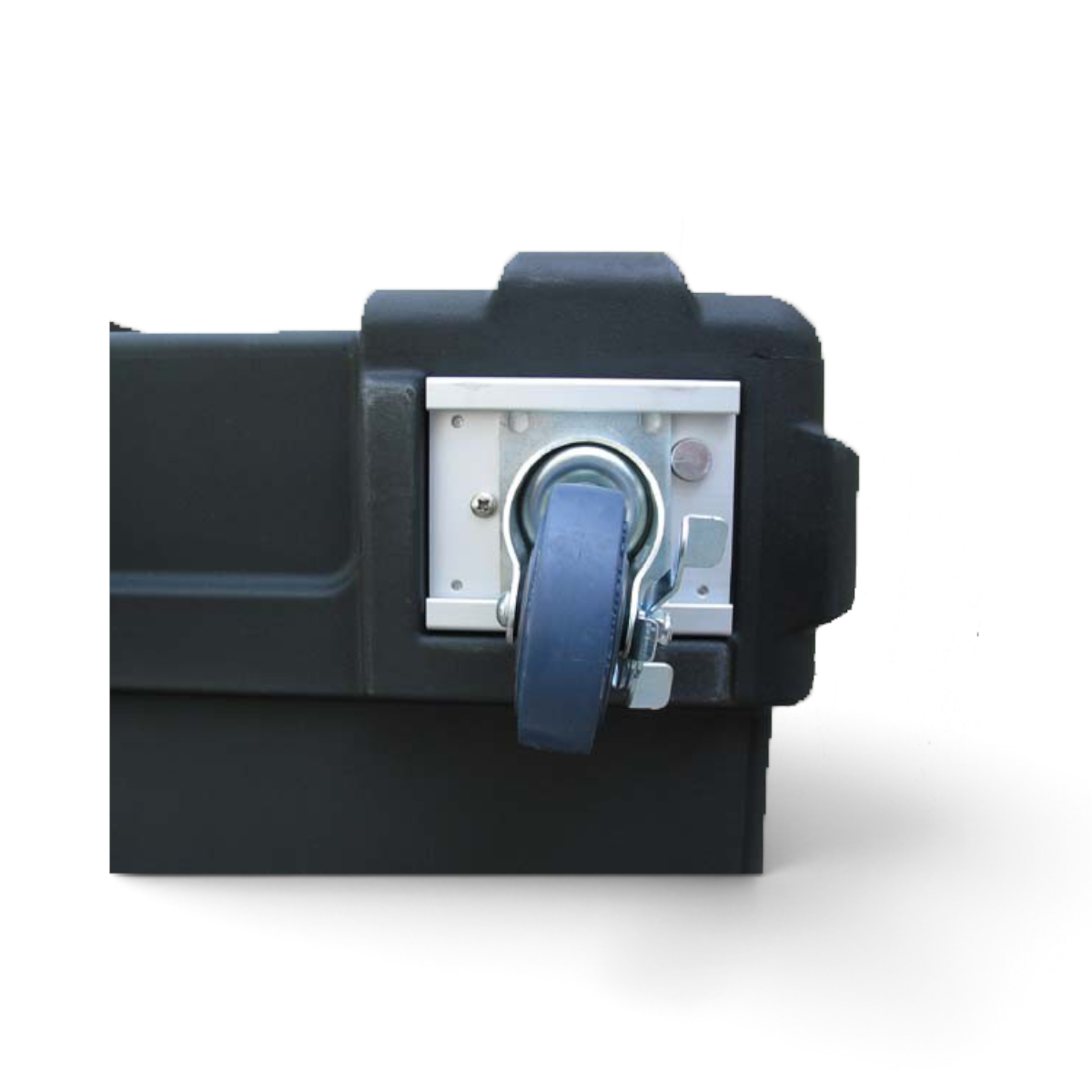 SKB Cases 3R Series caster kit with a blue wheel mounted on a metal plate attached to a black protective case