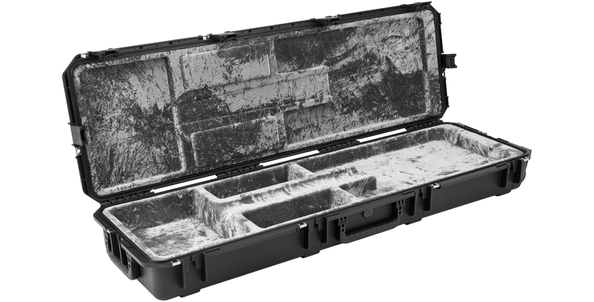 Open iSeries Waterproof Bass Guitar Case without guitar, showing open cavity design and padded compartments for accessories.