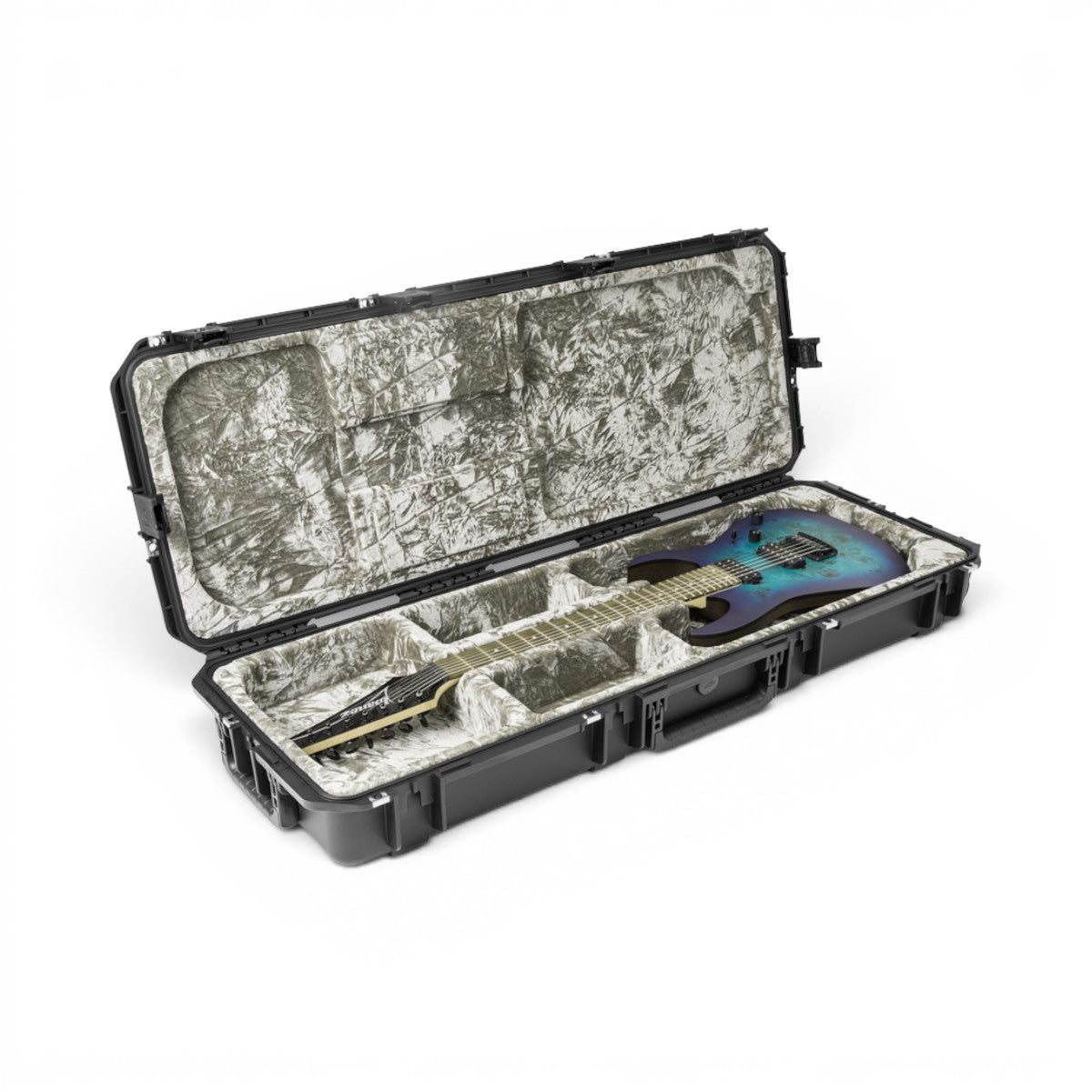Waterproof electric guitar case with TSA-approved locks shown open with a blue electric guitar inside, highlighting plush interior and fit.