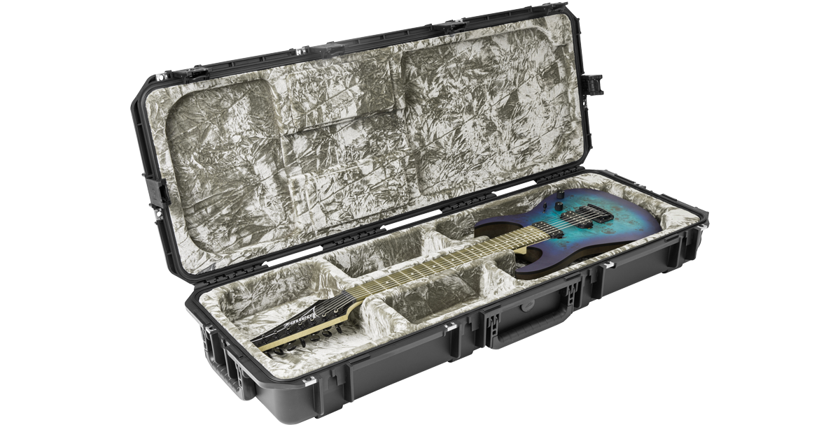 Waterproof electric guitar case with TSA-approved locks shown open with a blue electric guitar inside, highlighting plush interior and fit.