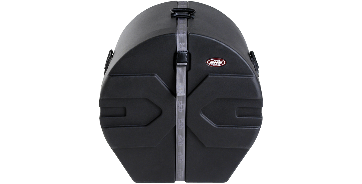 16 x 22 bass drum case with roto-molded design, featuring a durable black exterior and front buckle for secure closure.