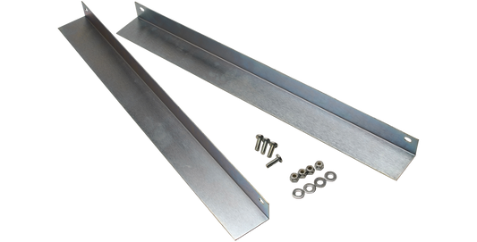 20 inch support rails made of zinc-plated steel for shock racks, shown with mounting hardware for rack case reinforcement.