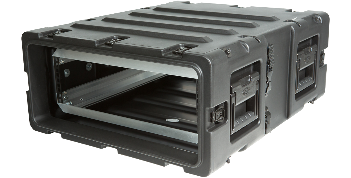 Angled side view of 24-Inch RS Series Shock Rack highlighting reinforced corners and molded handles for easy transport.