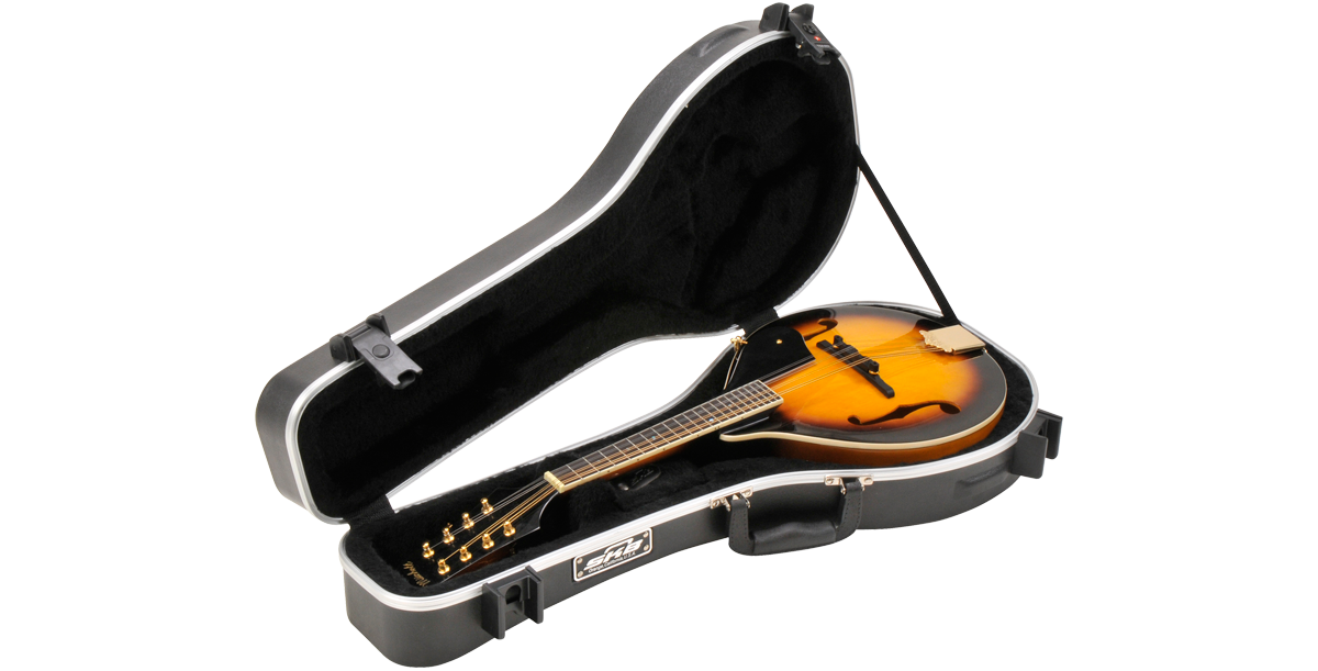 Angled view of open A-Style Mandolin Case with mandolin, emphasizing plush interior and ABS exterior for travel safety.