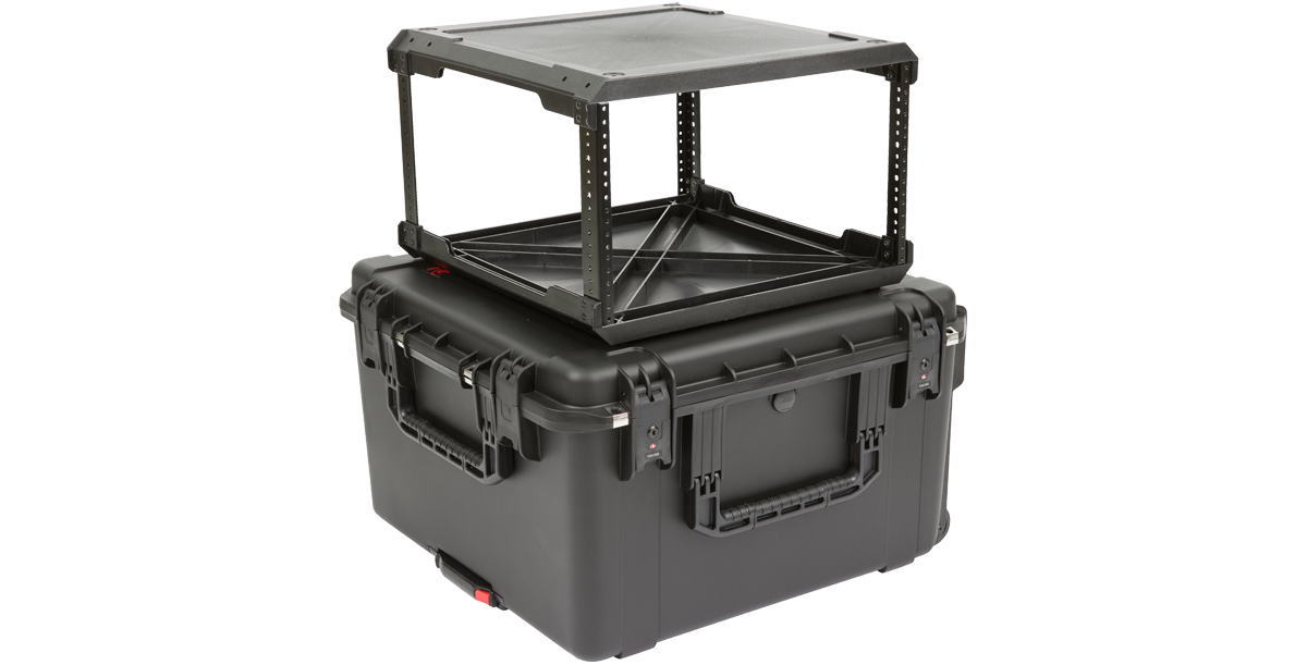 6U SKB Fly Rack Injection Molded flyRack with elevated rack frame and rugged rolling case, built for durability and lightweight air transport.