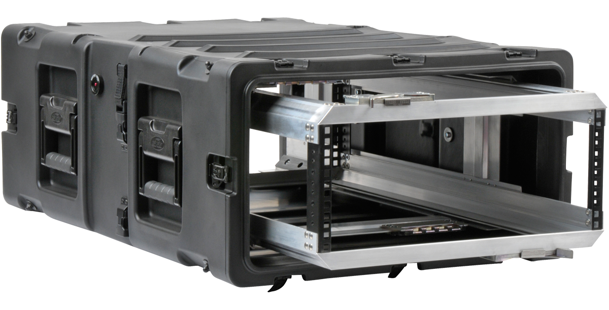 Right side perspective of 4U RR Series Shockproof Rack with open front, highlighting lightweight construction and deep chassis design.