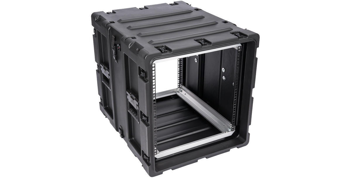 Angled front view of SKB 11U 24-inch Shockproof Rack Case, ideal for protecting sensitive pro audio or IT gear.