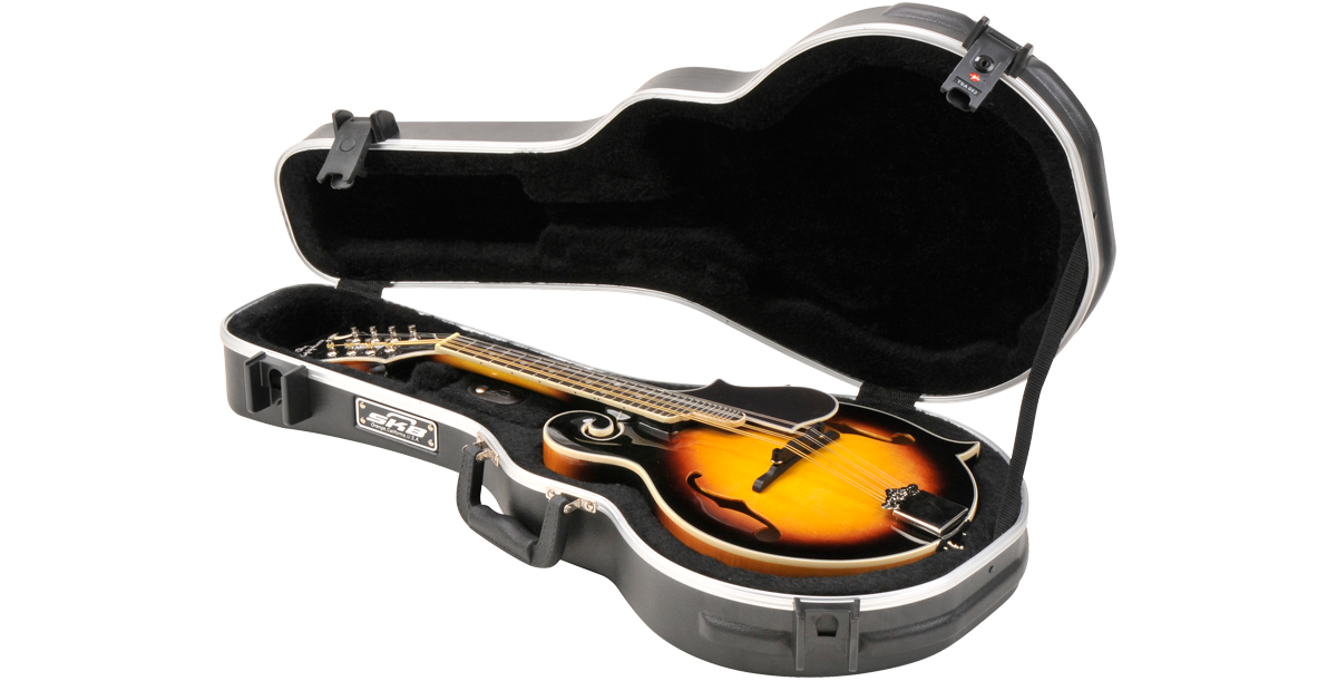 F Style Mandolin Case with TSA locks open to reveal plush interior and Florentine mandolin, ABS shell for secure protection.