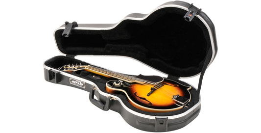 F Style Mandolin Case with TSA locks open to reveal plush interior and Florentine mandolin, ABS shell for secure protection.