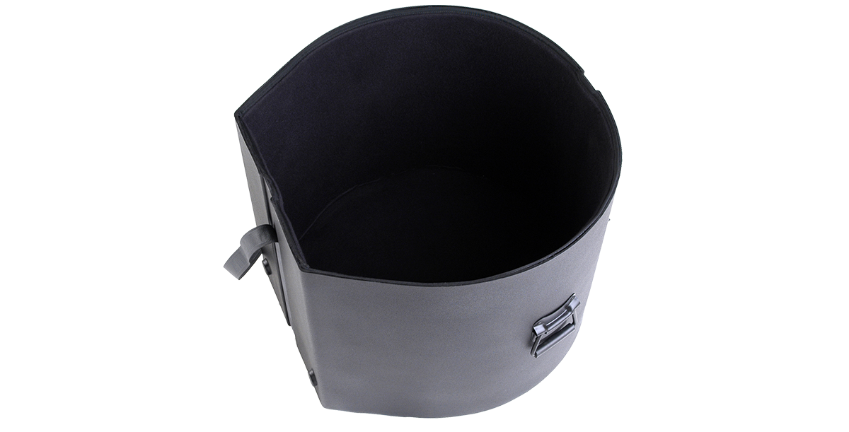 Top-down view of open 14 x 24 Marching Bass Drum Case revealing spacious interior with padded lining for secure drum storage.