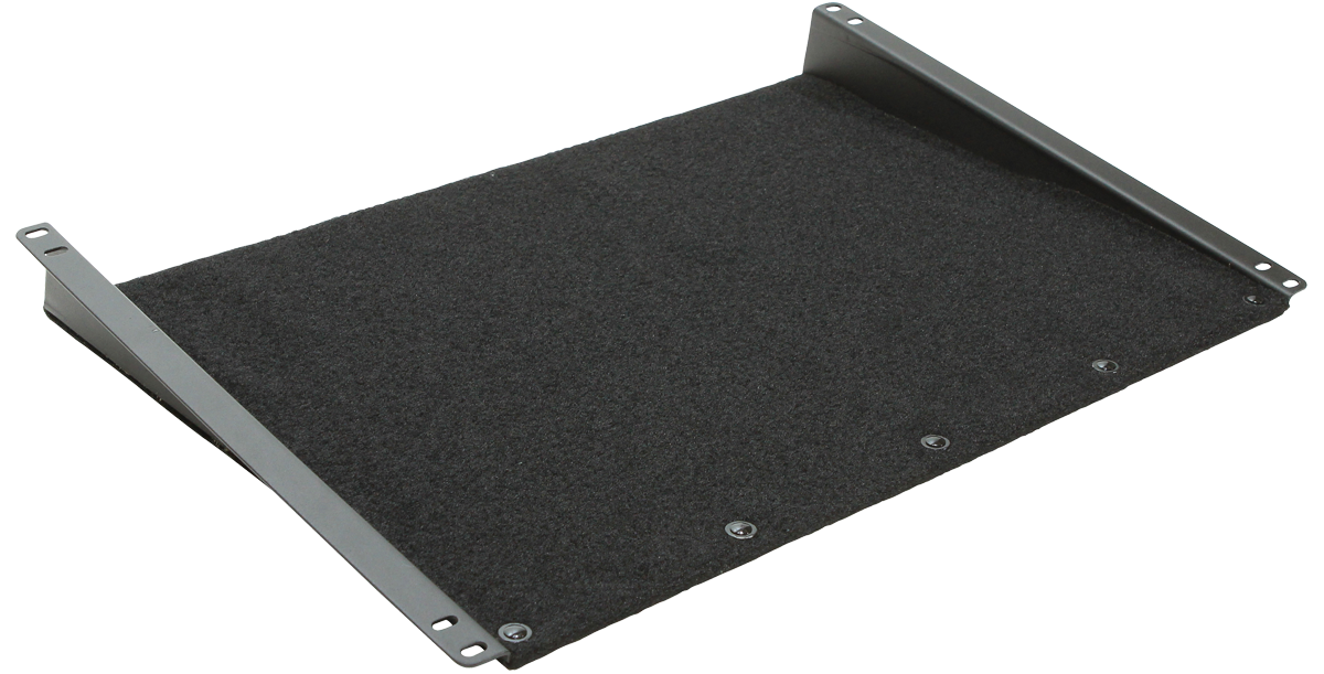 Close-up of Velcro Rack Shelf with durable black hook and loop surface and side brackets for slant mount rack installation.