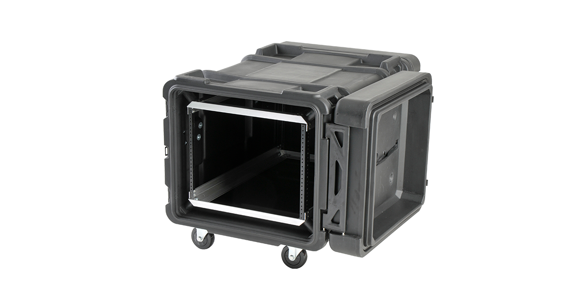 30-inch Shock Rack - 8U with sealed construction and front lid open, showcasing deep rack space for rackmount servers and accessories.