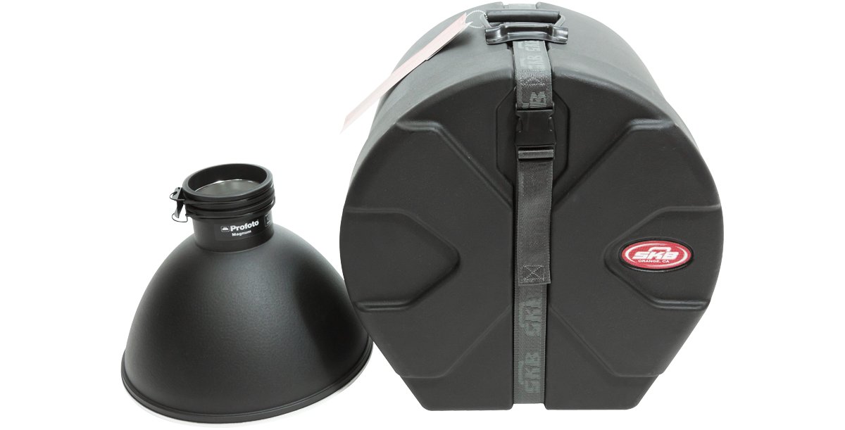 12 x 12 Drum Case - Durable Roto-Molded shown with lighting accessory to highlight spacious interior and protective design.
