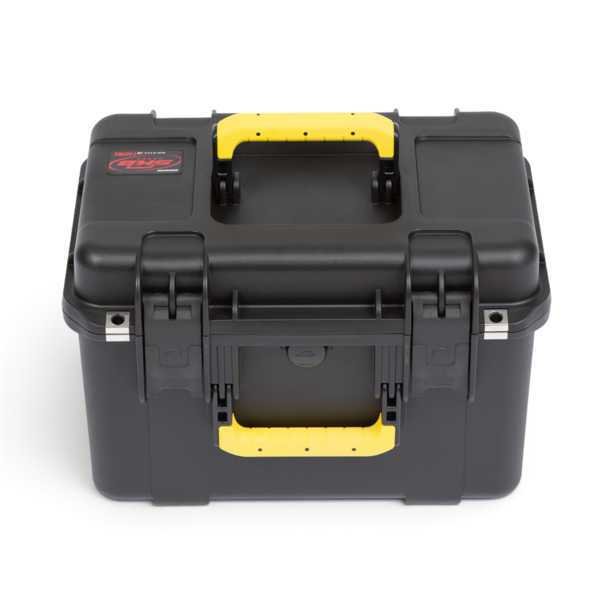 SKB Cases iSeries 1610-10 waterproof black injection molded lure case with yellow handles and trigger latch system.