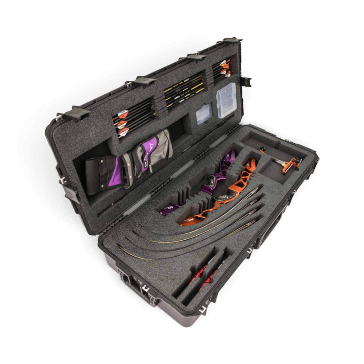 SKB Cases iSeries 4217-7 double recurve bow case with foam interior holding two bows, limbs, and archery accessories.