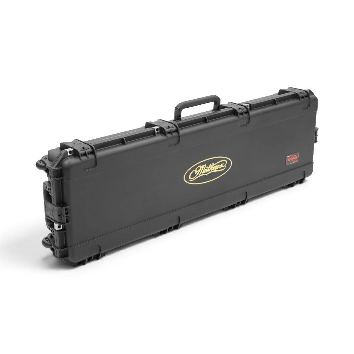 SKB Cases iSeries 5014-6 black waterproof hard shell bow case with Mathews branding and secure trigger latches.
