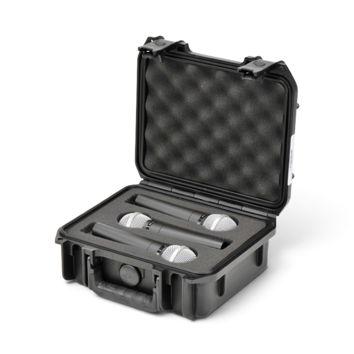 SKB Cases iSeries 0907-4 waterproof hard case holding three microphones with custom foam interior and trigger latches