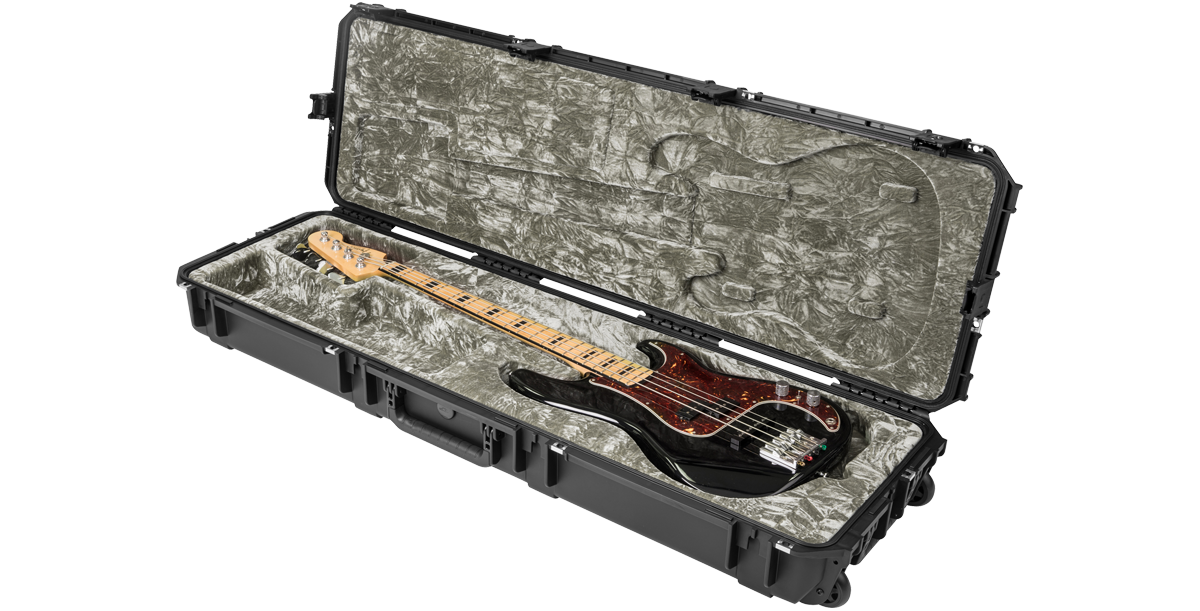 Durable Waterproof Bass Guitar Case shown open with bass guitar inside, featuring TSA-approved latches and molded interior for secure fit.