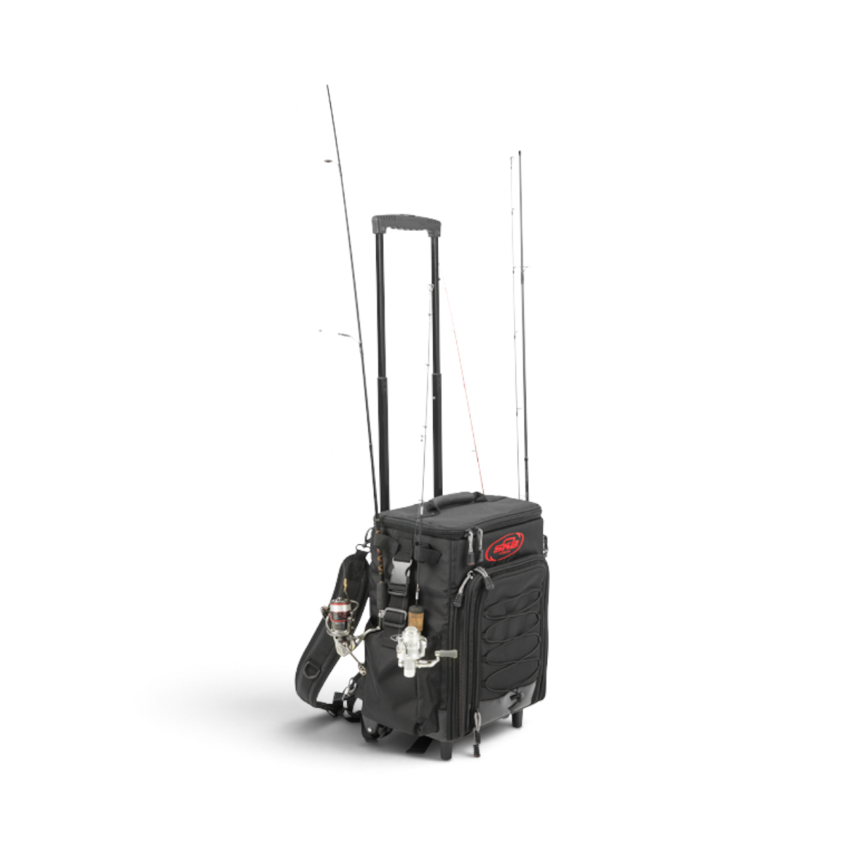 SKB Cases Tak-Pak black fishing tackle backpack with wheels, retractable handle, and fishing rod holders.