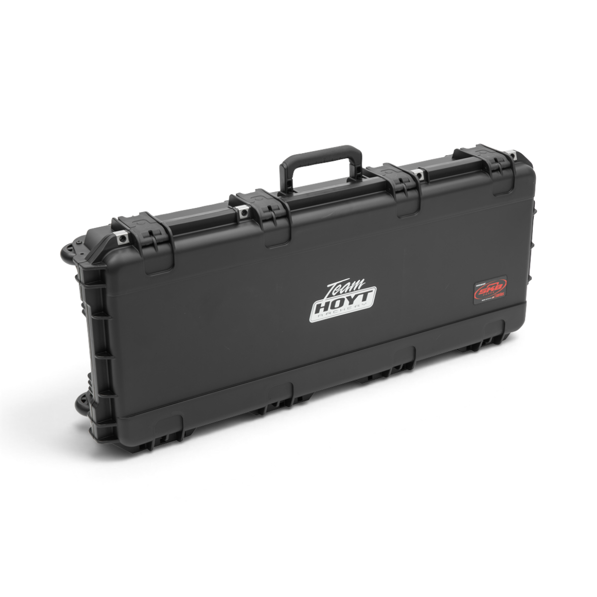 SKB Cases iSeries Hoyt black waterproof bow case with Team Hoyt logo and heavy-duty latches on a white background.