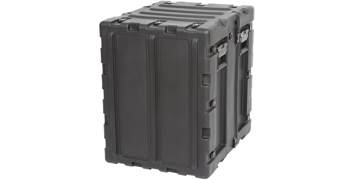 Angled rear-left view of 14U Shock Rack Case - 20-inch Shock Rack with closed shell and multiple latches for secure and watertight protection.