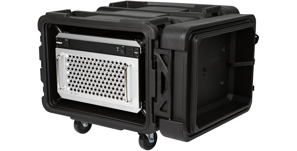 Rear angled view of 6U Shock Rack - 24-inch rSeries with mounted Mac Pro, designed for pro audio and server transport.