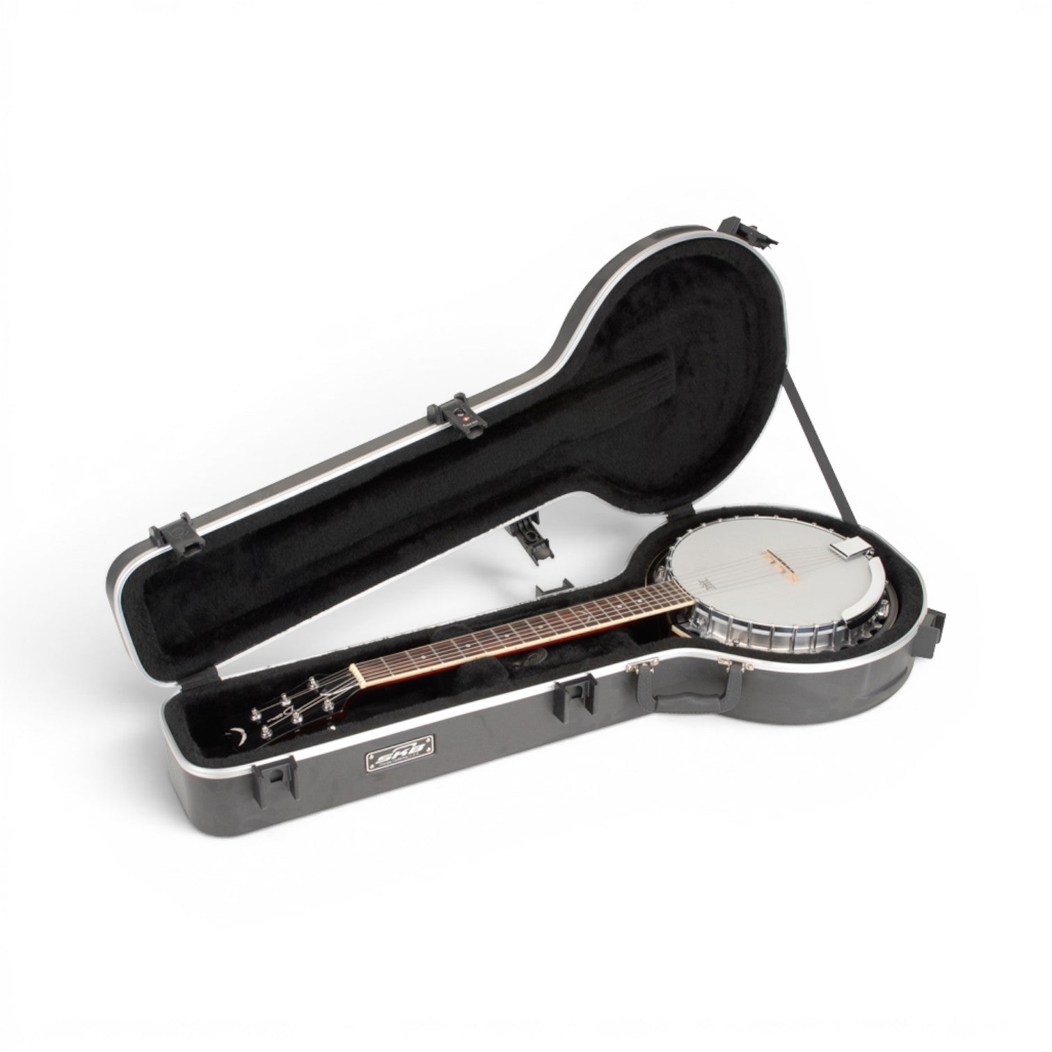 Universal 6-String Banjo Case - Secure Travel with TSA Locks, open with a banjo inside, highlighting interior padding and snug instrument fit.