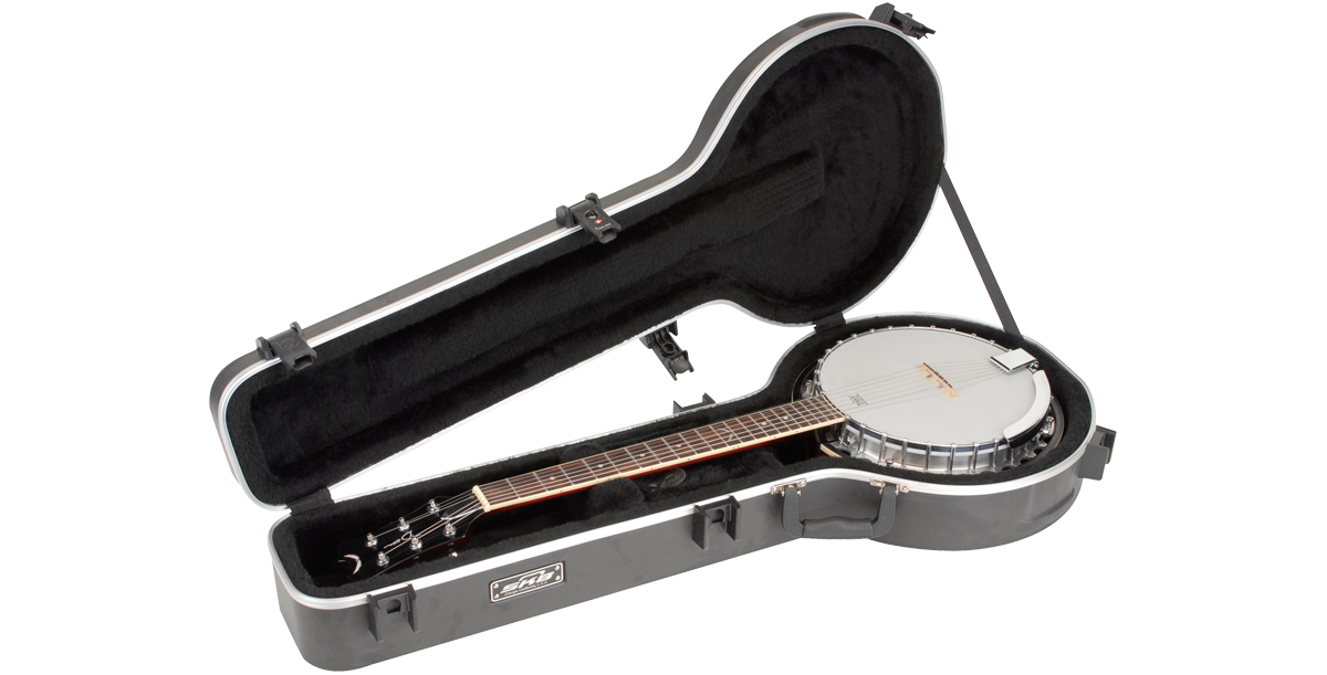 Universal 6-String Banjo Case - Secure Travel with TSA Locks, open with a banjo inside, highlighting interior padding and snug instrument fit.
